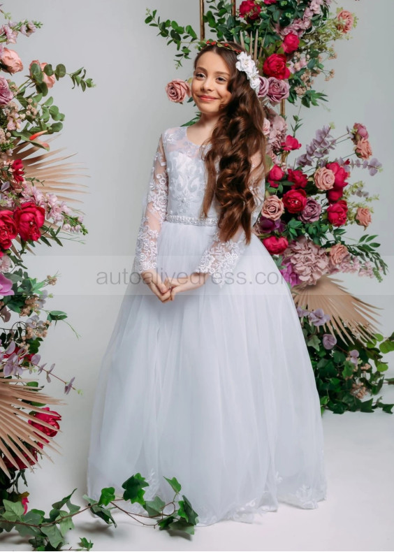 Long Sleeves White Lace Tulle V Back Flower Girl Dress